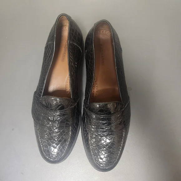 Magnanni Black Crocodile Leather Penny Loafers Shoes Size 8